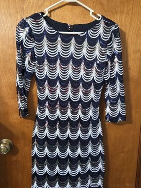 Crystal Doll Navy and White Sequin 3/4 Length Sleeve Sheath Dress